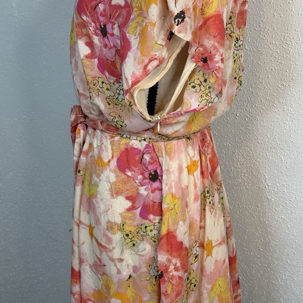 Free People Women's Floral V-Neck Short Sleeve Tie Waist Zip Short Dress Size S - Picture 8 of 12
